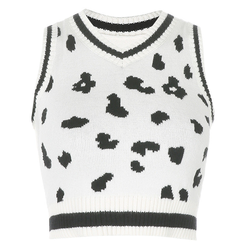 Damen süßes Strick-Crop-Top mit verspieltem Leopardenmuster Drune