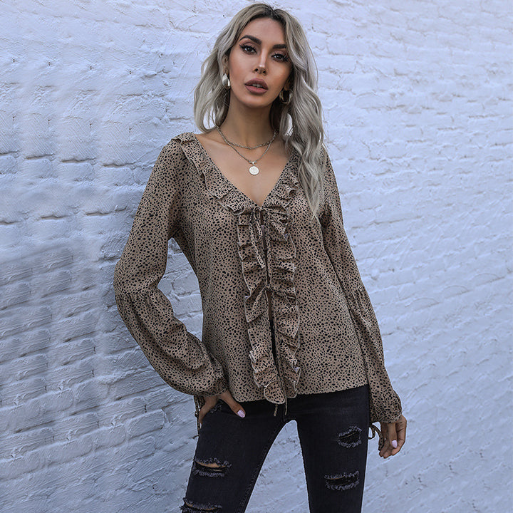 Damen V‑Ausschnitt Rüschenbluse mit BindDruneand, Volantfront und Ballonärmeln Drune