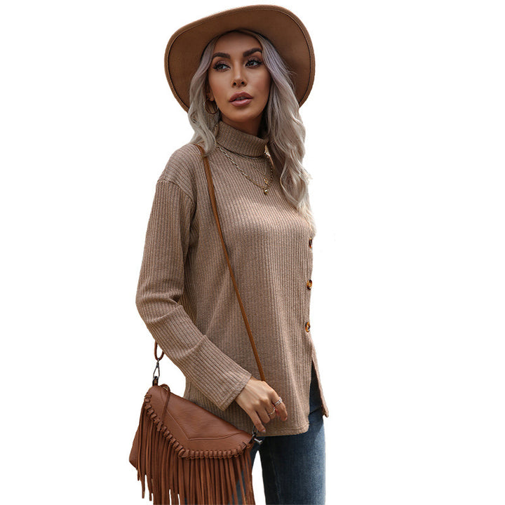 Damen Feinstrick-Rollkragenpullover mit geripptem Strukturstoff und asymmetrischer Knopfleiste Drune