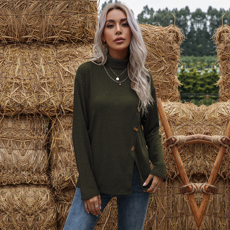 Damen Feinstrick-Rollkragenpullover mit geripptem Strukturstoff und asymmetrischer Knopfleiste Drune
