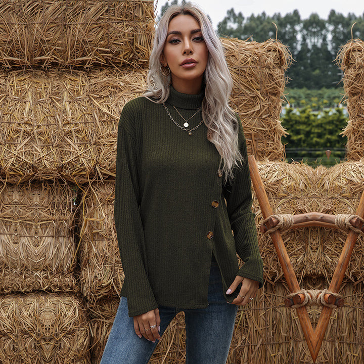 Damen Feinstrick-Rollkragenpullover mit geripptem Strukturstoff und asymmetrischer Knopfleiste Drune