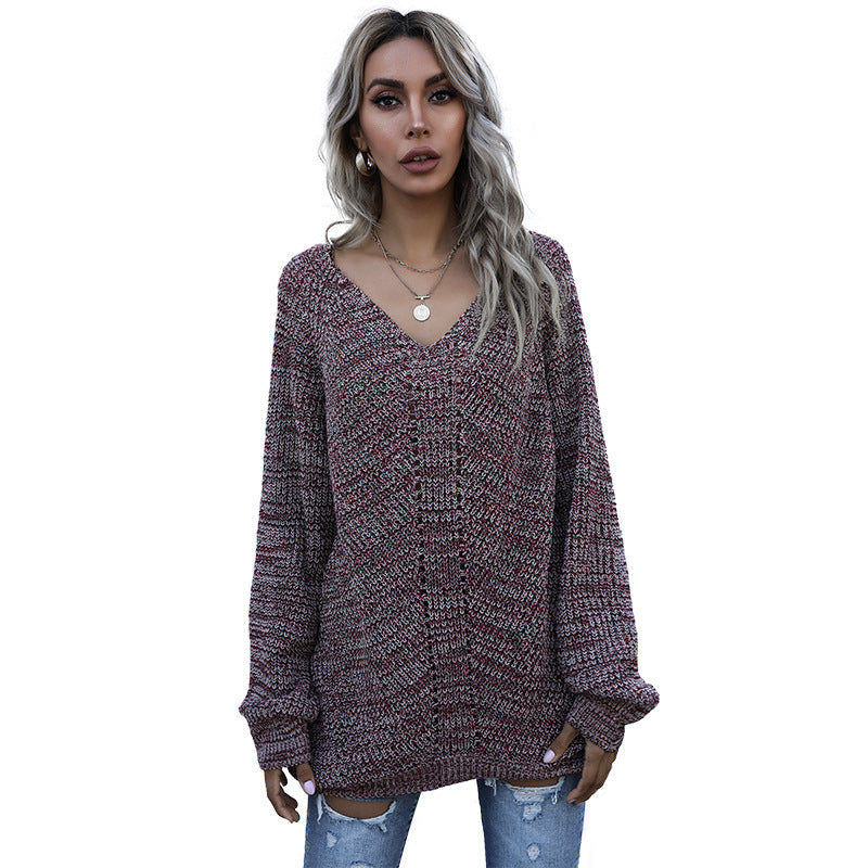 Damen Oversize Melierter V‑Ausschnitt-Feinstrickpullover mit Ballonärmeln & aufgesetzten Taschen Drune