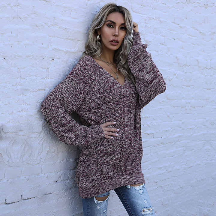 Damen Oversize Melierter V‑Ausschnitt-Feinstrickpullover mit Ballonärmeln & aufgesetzten Taschen Drune