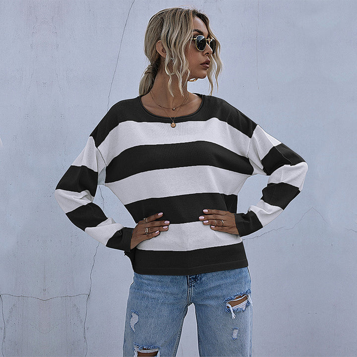 Damen Lockerer gestreifter Pullover mit Carmen-Ausschnitt und Oversize-Schnitt Drune
