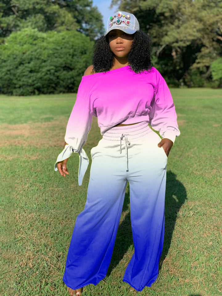 Damen Zweiteiliges Lounge-Set mit Off-Shoulder Crop-Sweatshirt, Bindärmeln und High‑Waist Palazzohose Drune