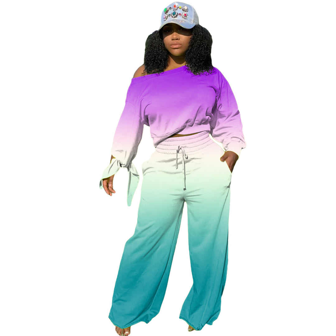 Damen Zweiteiliges Lounge-Set mit Off-Shoulder Crop-Sweatshirt, Bindärmeln und High‑Waist Palazzohose Drune