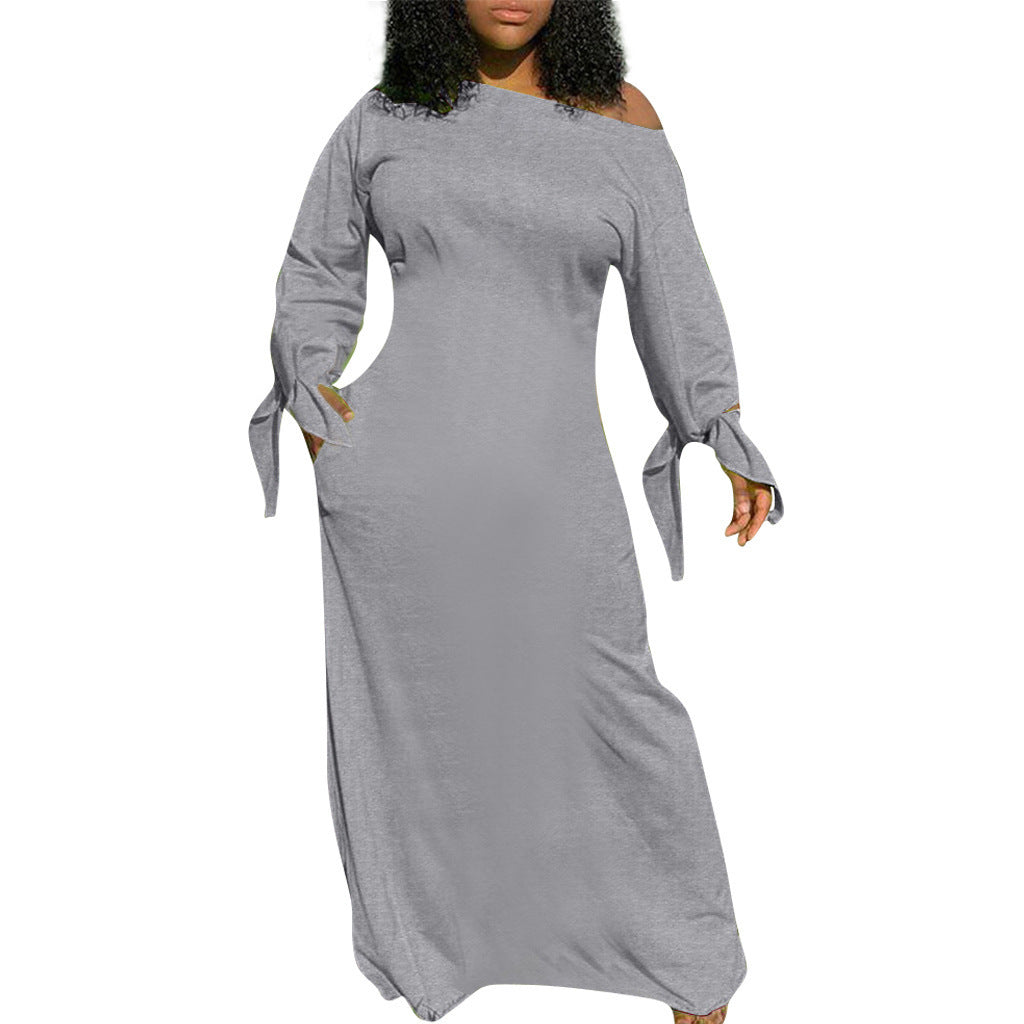 Damen Asymmetrisches Maxikleid mit Ein-Schulter, langen Ärmeln und Bindemanschetten Drune