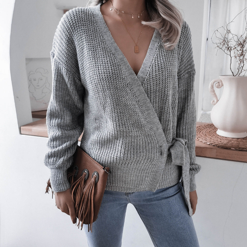 Damen Wickelpullover mit strukturiertem Strick und Bindeband Drune