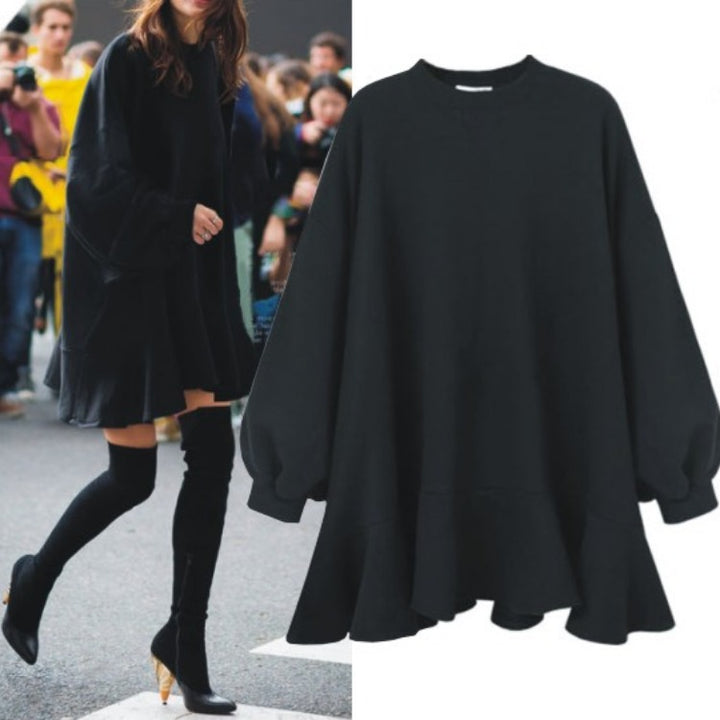 Damen Oversized Sweatshirtkleid mit Volant-Saum und Ballonärmeln Drune