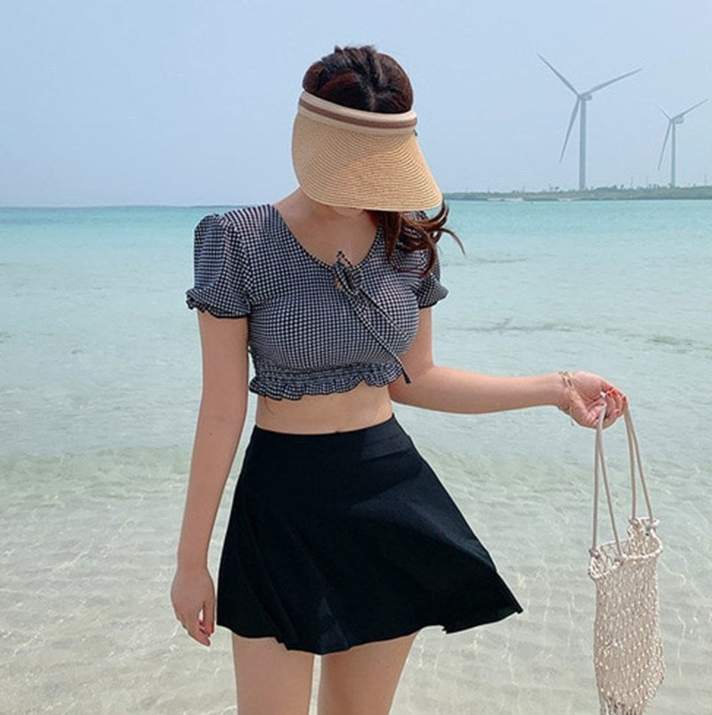 Damen Cropped Oberteil mit Rüschensaum und charmantem Karomuster Drune