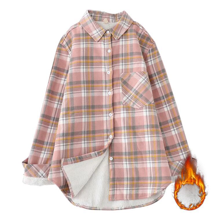 Damen nan karierte Hemdjacke mit Teddyfutter, Brusttasche und abgerundetem Saum Drune
