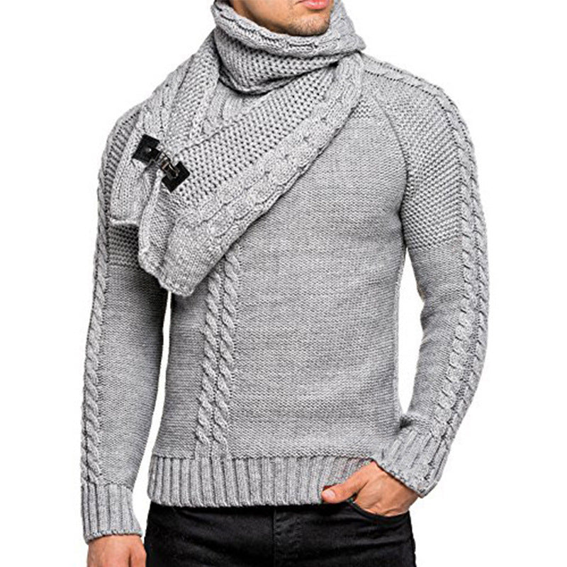 Herren Grobstrick-Pullover mit integriertem Wickelkragen und Schnallen-Schal Drune