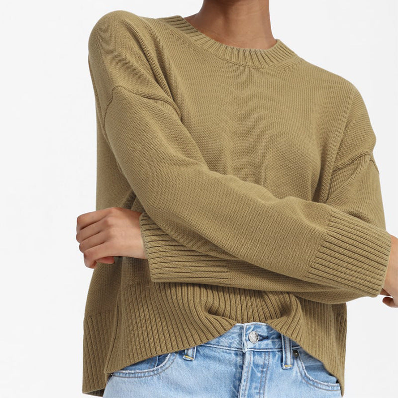 Damen Oversize-Feinstrickpullover mit Rundhalsausschnitt, überschnittener Schulter und breitem Rippsaum Drune
