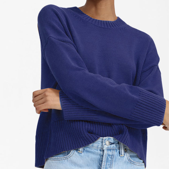 Damen Oversize-Feinstrickpullover mit Rundhalsausschnitt, überschnittener Schulter und breitem Rippsaum Drune