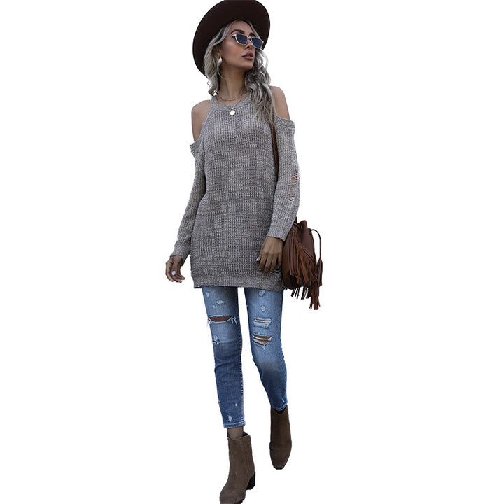 Damen Schulterfreier Grobstrickpullover mit Cut-Out-Detail, Oversize-Passform und geripptem Saum Drune