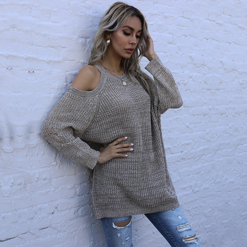 Damen Schulterfreier Grobstrickpullover mit Cut-Out-Detail, Oversize-Passform und geripptem Saum Drune