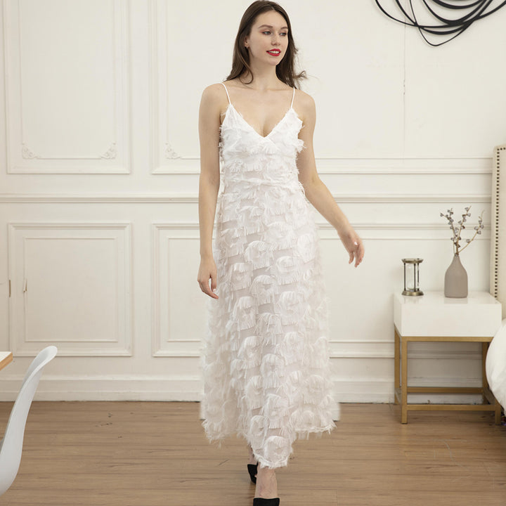 Damen Maxikleid mit trendigen Fransen und verführerischem V-Ausschnitt Drune