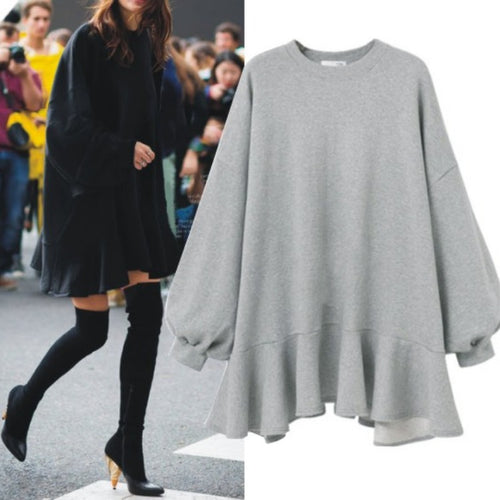 Damen Oversized Sweatshirtkleid mit Volant-Saum und Ballonärmeln Drune