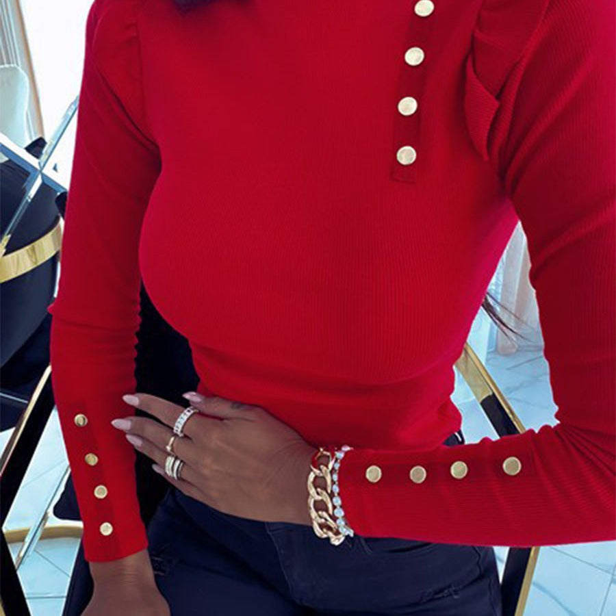 Damen Rippstrick Longsleeve mit Stehkragen, Schultervolant und Zierknöpfen Drune