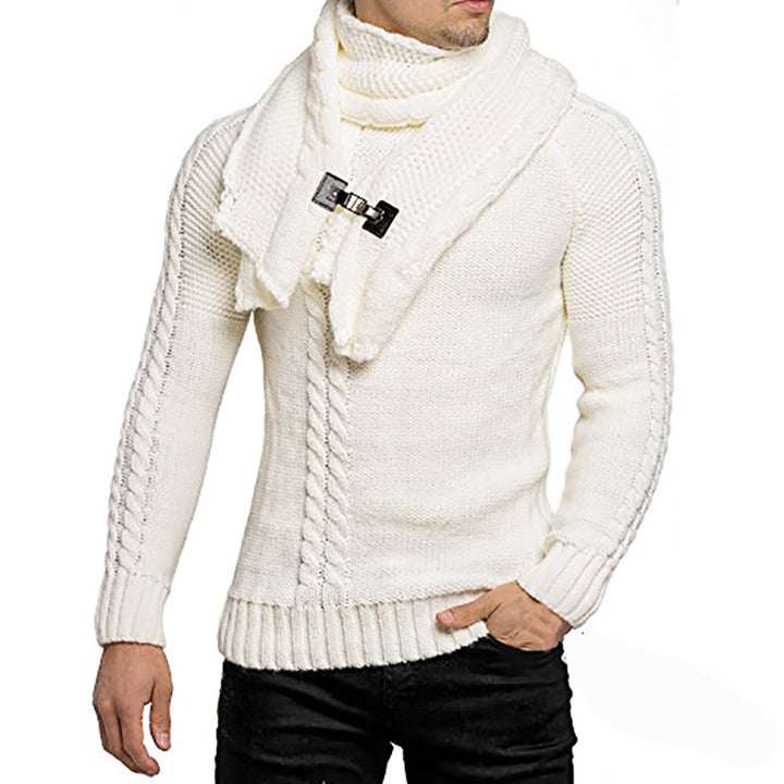 Herren Grobstrick-Pullover mit integriertem Wickelkragen und Schnallen-Schal Drune