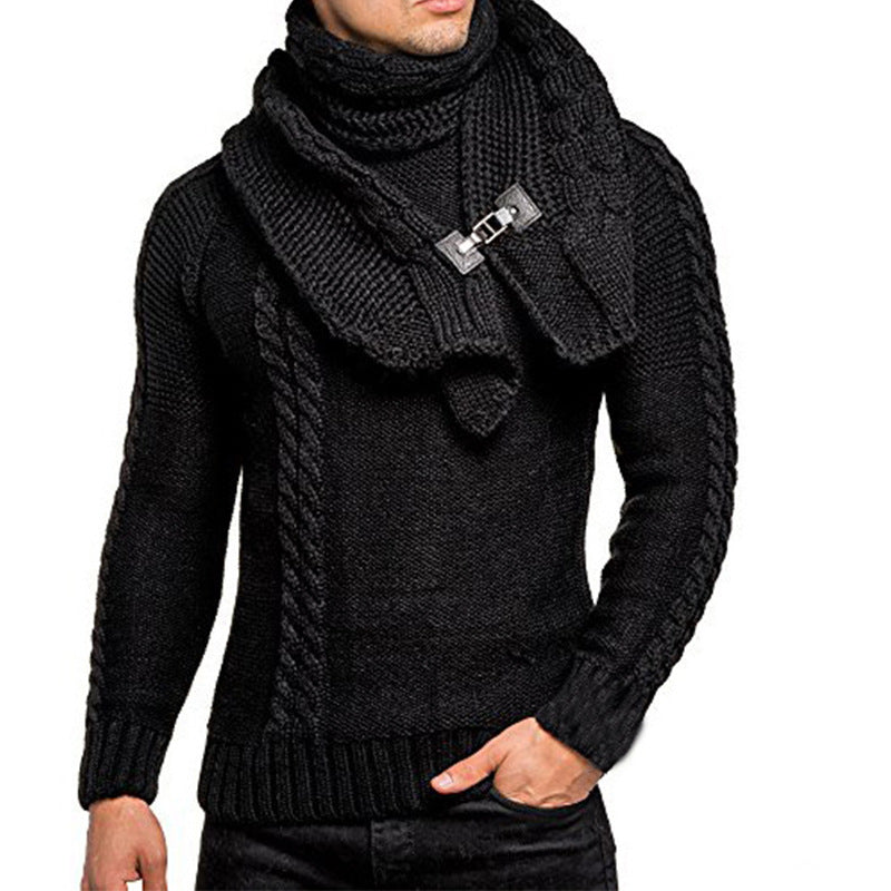 Herren Grobstrick-Pullover mit integriertem Wickelkragen und Schnallen-Schal Drune