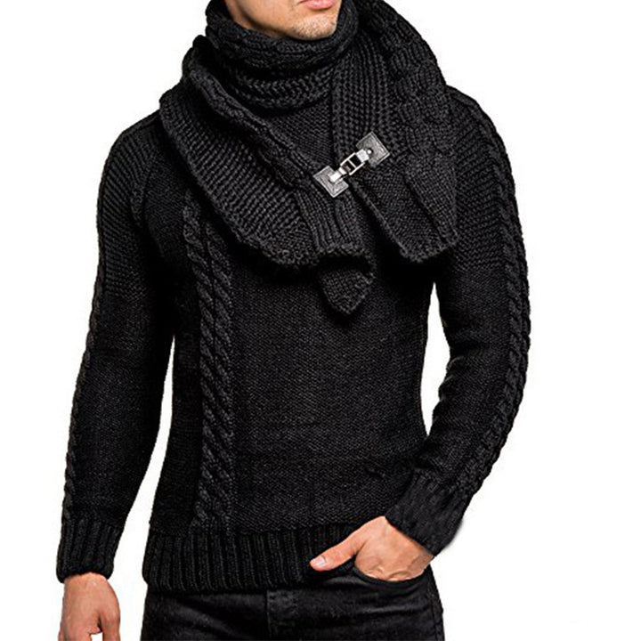 Herren Grobstrick-Pullover mit integriertem Wickelkragen und Schnallen-Schal Drune