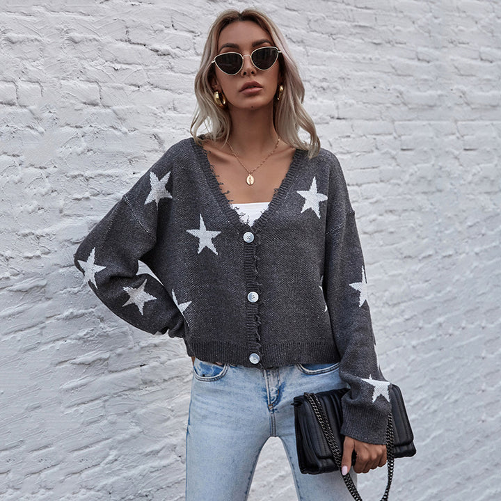 Damen Kurzgeschnittener V‑Ausschnitt Strickcardigan mit Sternen‑Jacquard und Fransenbesatz Drune