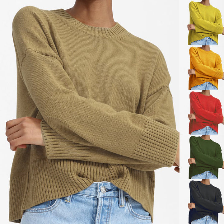 Damen Oversize-Feinstrickpullover mit Rundhalsausschnitt, überschnittener Schulter und breitem Rippsaum Drune