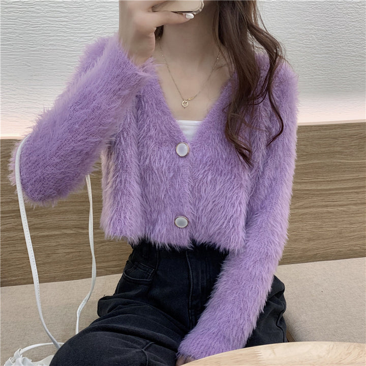 Damen Kuschelige Strickjacke mit V-Ausschnitt und Knopfdetail Drune