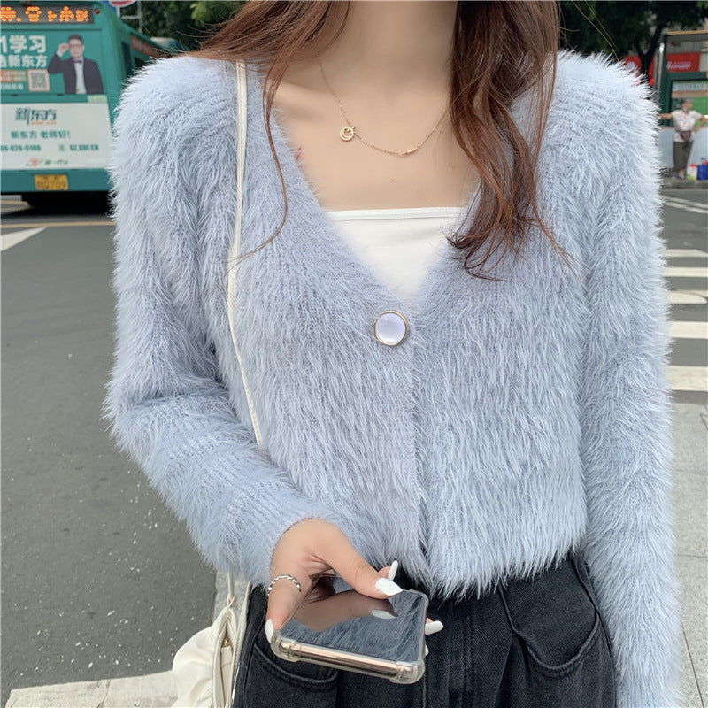 Damen Kuschelige Strickjacke mit V-Ausschnitt und Knopfdetail Drune