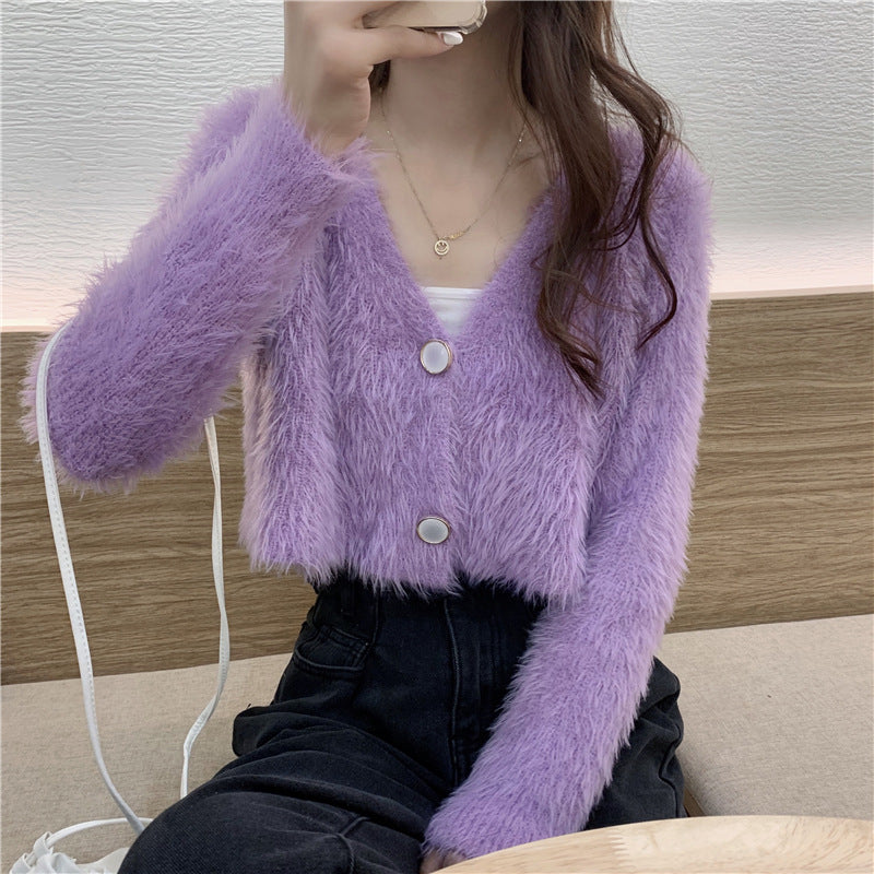 Damen Kuschelige Strickjacke mit V-Ausschnitt und Knopfdetail Drune