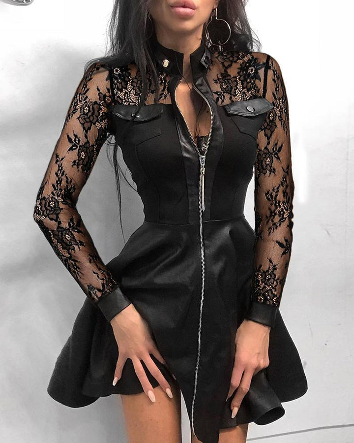 Damen nan tailliertes Mini-Kleid mit Hahnentritt-Oberteil, Kunstleder-Rock, Stehkragen und durchgehendem Reißverschluss Drune