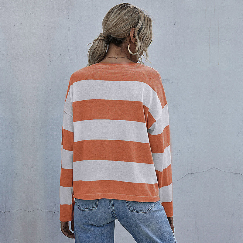 Damen Lockerer gestreifter Pullover mit Carmen-Ausschnitt und Oversize-Schnitt Drune