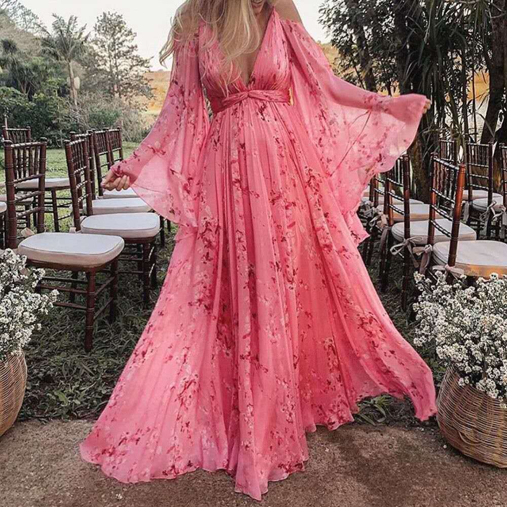 Damen Luftiges Maxi-Kleid mit floralen Akzenten und schwingenden Ärmeln Drune