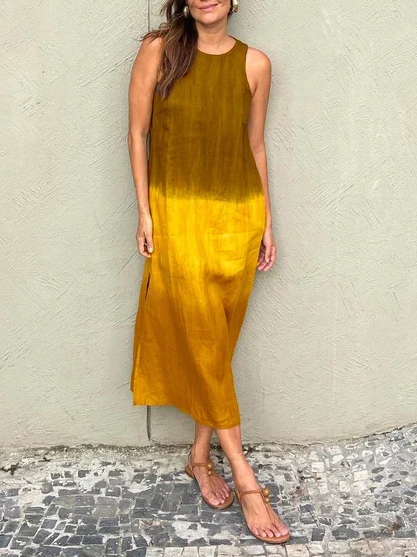 Drune | Luftiges Leinenkleid Aus Baumwolle mit Farbverlauf und Schlitz Am Bein