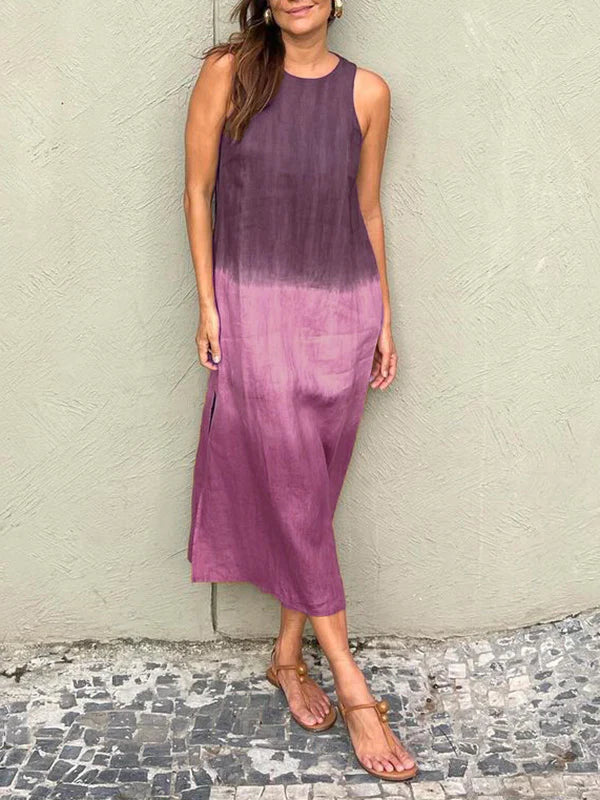 Drune | Luftiges Leinenkleid Aus Baumwolle mit Farbverlauf und Schlitz Am Bein