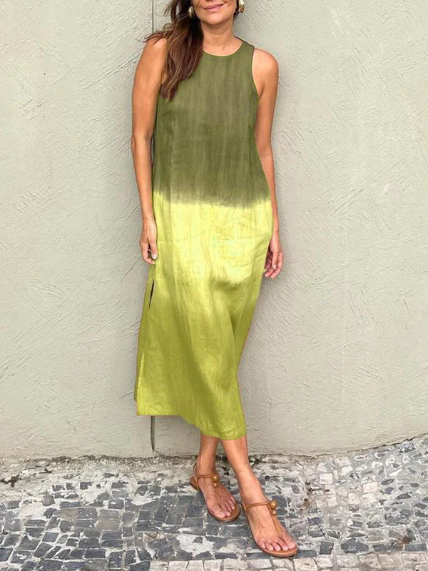 Drune | Luftiges Leinenkleid Aus Baumwolle mit Farbverlauf und Schlitz Am Bein