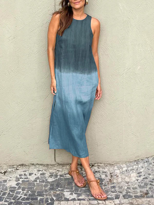 Drune | Luftiges Leinenkleid Aus Baumwolle mit Farbverlauf und Schlitz Am Bein