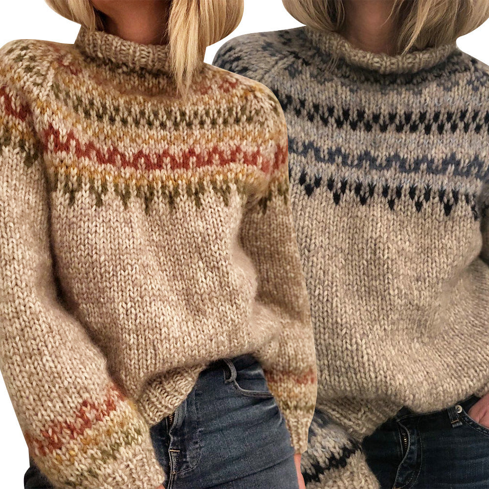 Damen Grober Strickpullover mit hohem Kragen und einzigartigem Muster Drune