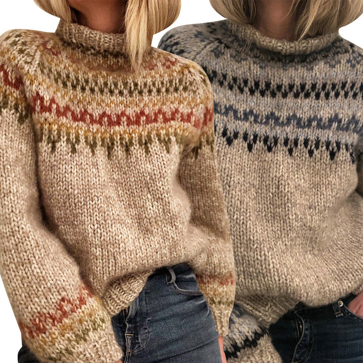 Damen Grober Strickpullover mit hohem Kragen und einzigartigem Muster Drune