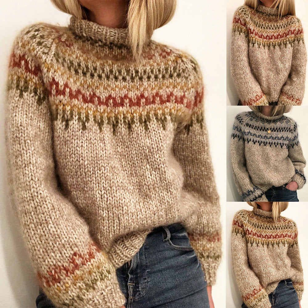 Damen Grober Strickpullover mit hohem Kragen und einzigartigem Muster Drune
