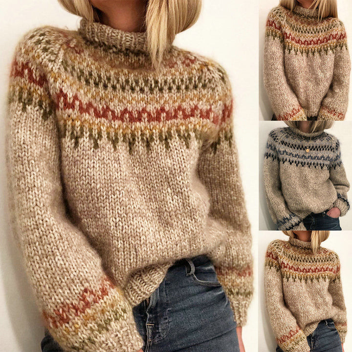 Damen Grober Strickpullover mit hohem Kragen und einzigartigem Muster Drune