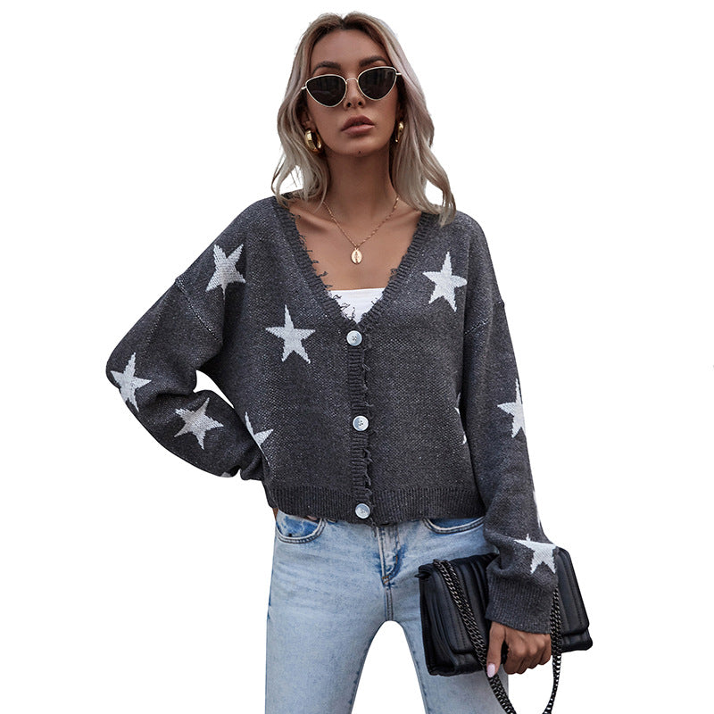 Damen Lässiger Cardigan mit Sternenprint und Knopfdetails Drune