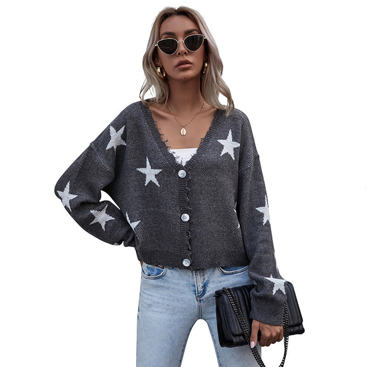 Damen Lässiger Cardigan mit Sternenprint und Knopfdetails Drune