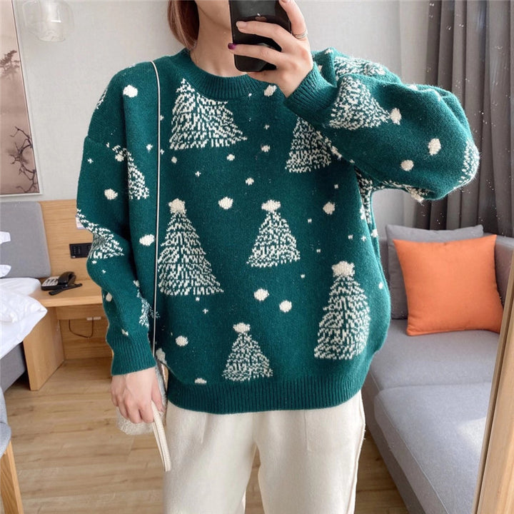 Damen gemütlicher Pullover mit Weihnachtsbaum-Muster Drune
