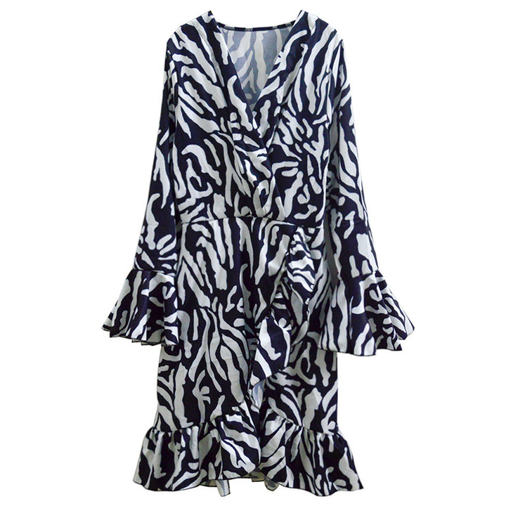 Damen Wickelkleid mit ZDrunera-Print, Volantärmeln und geraffter Taille Drune