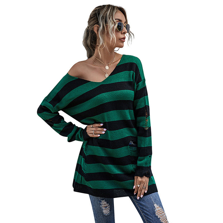 Damen Off-Shoulder Strickpullover mit Streifen Drune