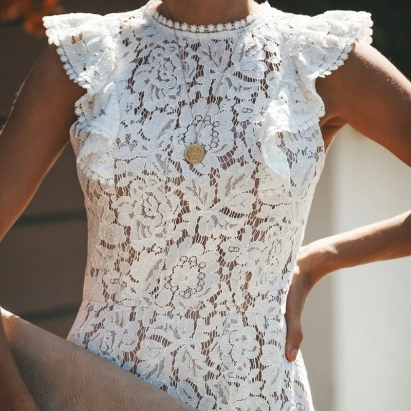 Damen romantisches Spitzenkleid mit Rüschendetails Drune