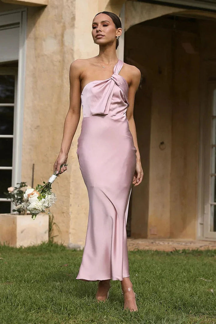 Drune | Ein Schulter Rückenfreies Satin Brautjungfer Hochzeit Party Bodycon Fishtail Maxi Kleid