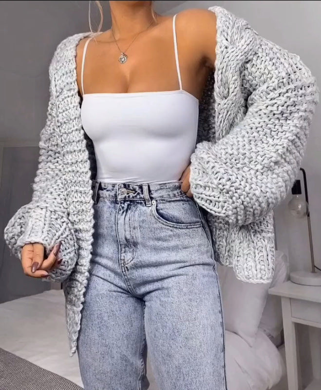Damen Oversized Grobstrick-Cardigan mit Balloon-Ärmeln und offener Front Drune